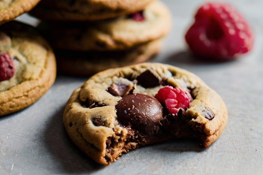 Vegan plant based chocolate chip cookies with raspberry